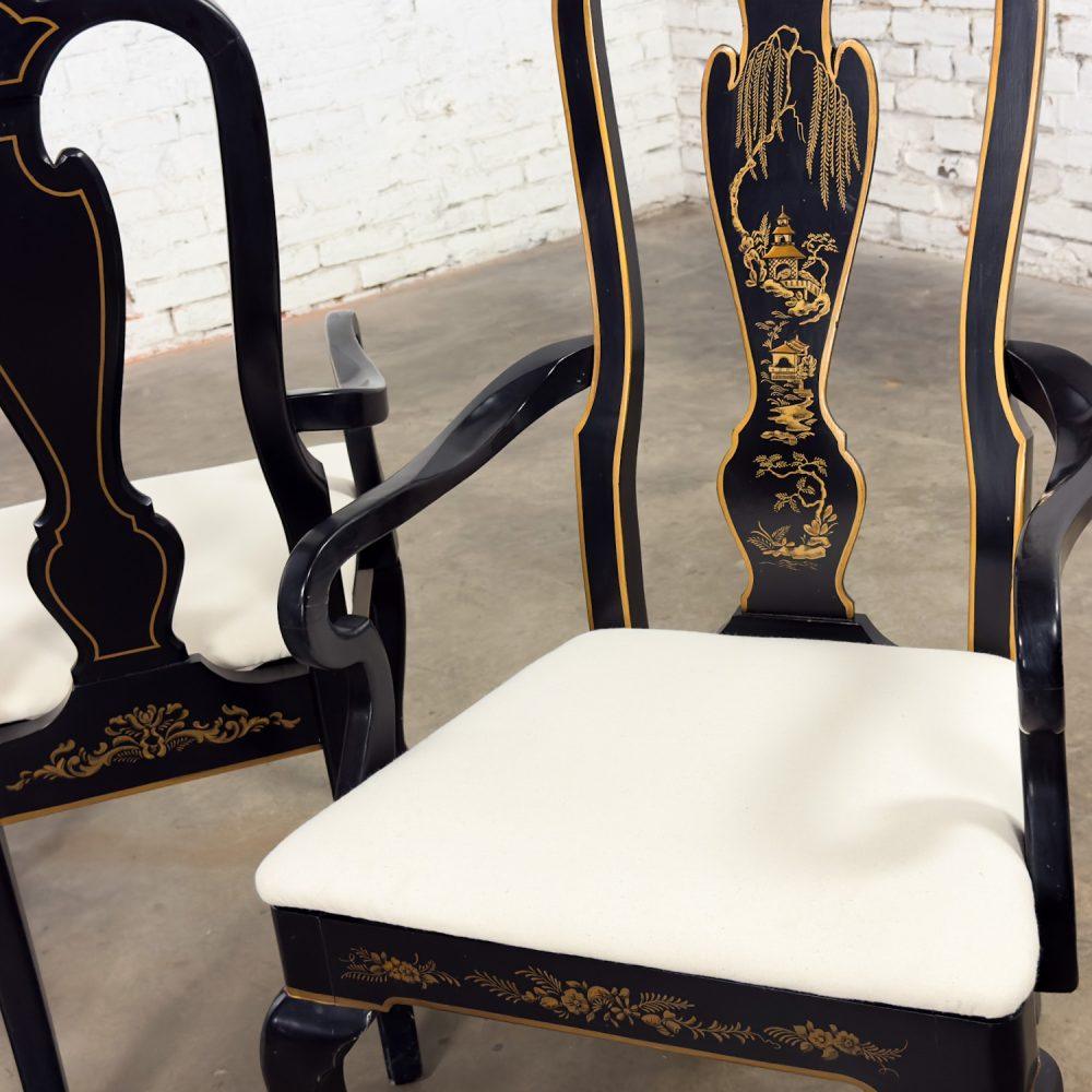Mid-20th Century Chinoiserie & Georgian Style Pair of Host & Hostess Armchairs Black Lacquer Frames