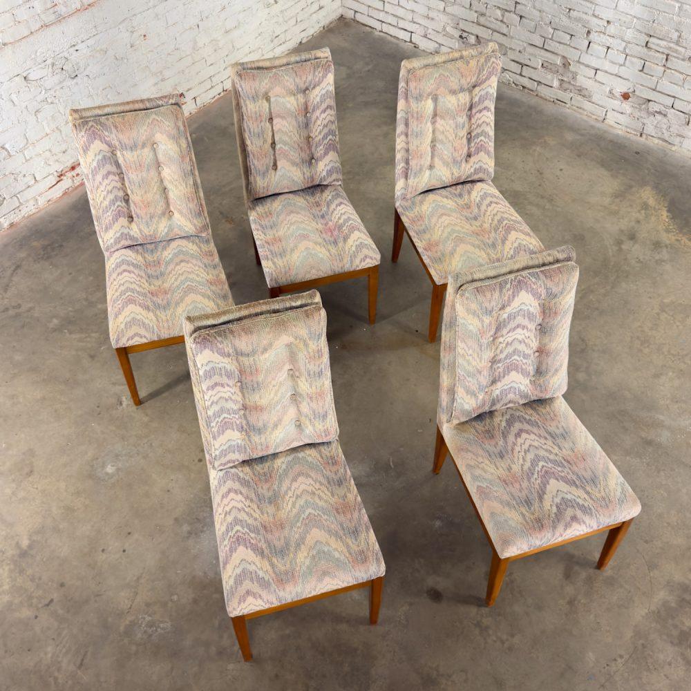 1970’s Modern Set of 5 Founders Furniture Patterns 23 Side or Dining Chairs w/Flame Stitch Fabric