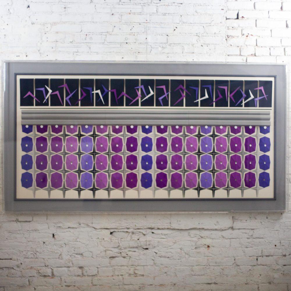 1984 Signed Abstract Geometric Large Scale 3D Origami Folded Paper Art Piece Purple Gray & White