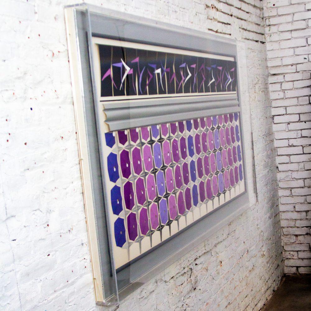 1984 Signed Abstract Geometric Large Scale 3D Origami Folded Paper Art Piece Purple Gray & White