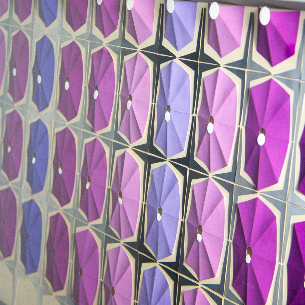 1984 Signed Abstract Geometric Large Scale 3D Origami Folded Paper Art Piece Purple Gray & White