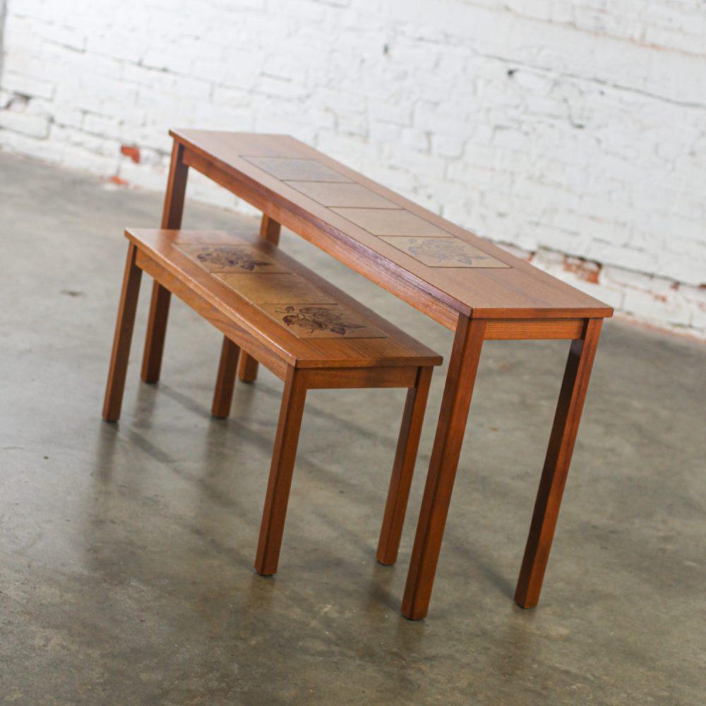 Late-20th Century Scandinavian Modern Pair of Teak Nesting Sofa Console Tables w/Tile Insert Tops