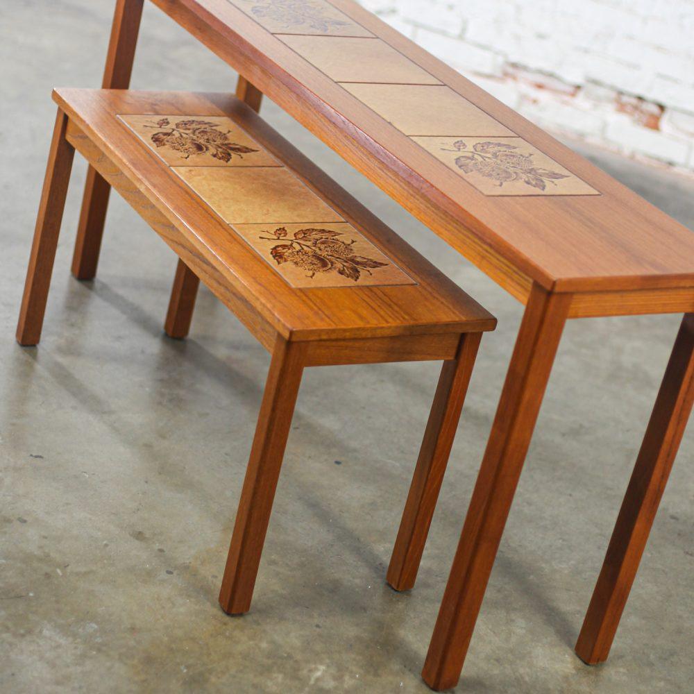 Late-20th Century Scandinavian Modern Pair of Teak Nesting Sofa Console Tables w/Tile Insert Tops