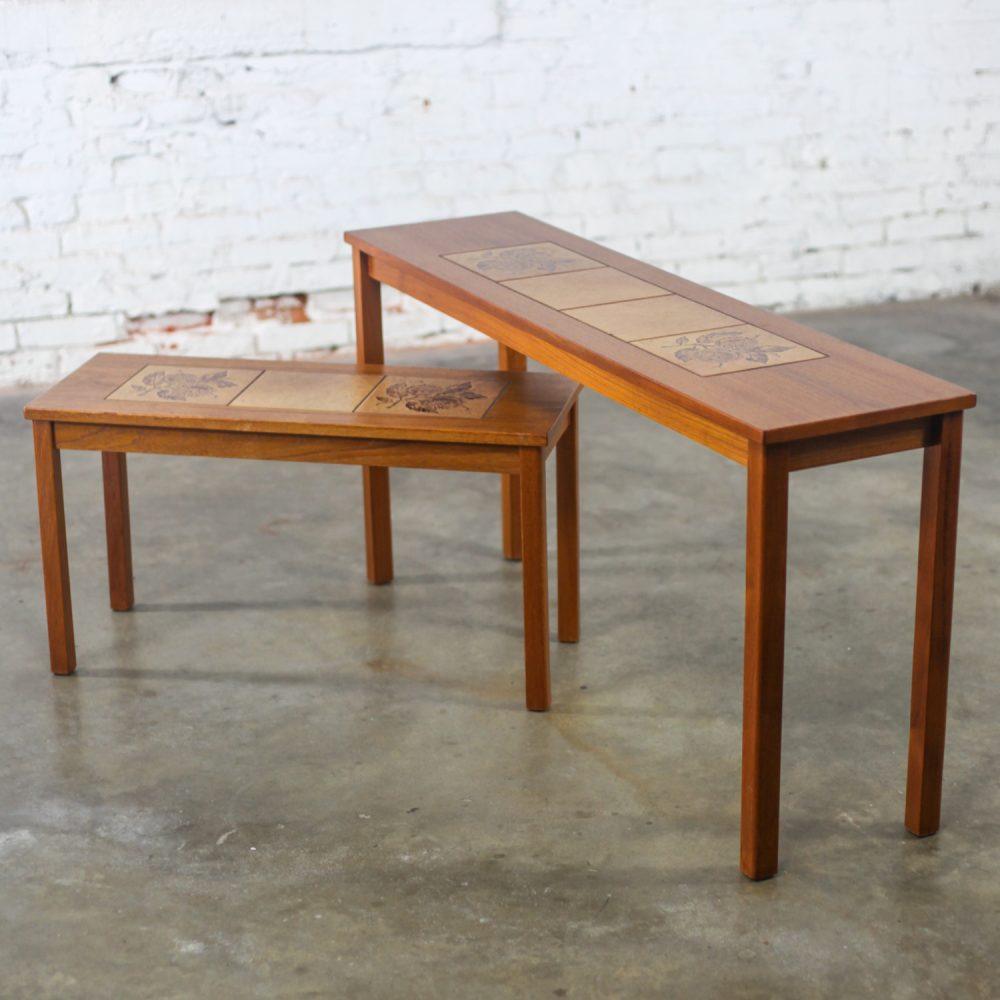 Late-20th Century Scandinavian Modern Pair of Teak Nesting Sofa Console Tables w/Tile Insert Tops