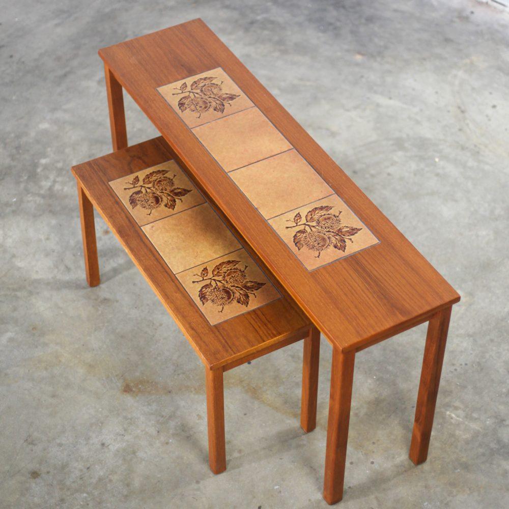Late-20th Century Scandinavian Modern Pair of Teak Nesting Sofa Console Tables w/Tile Insert Tops