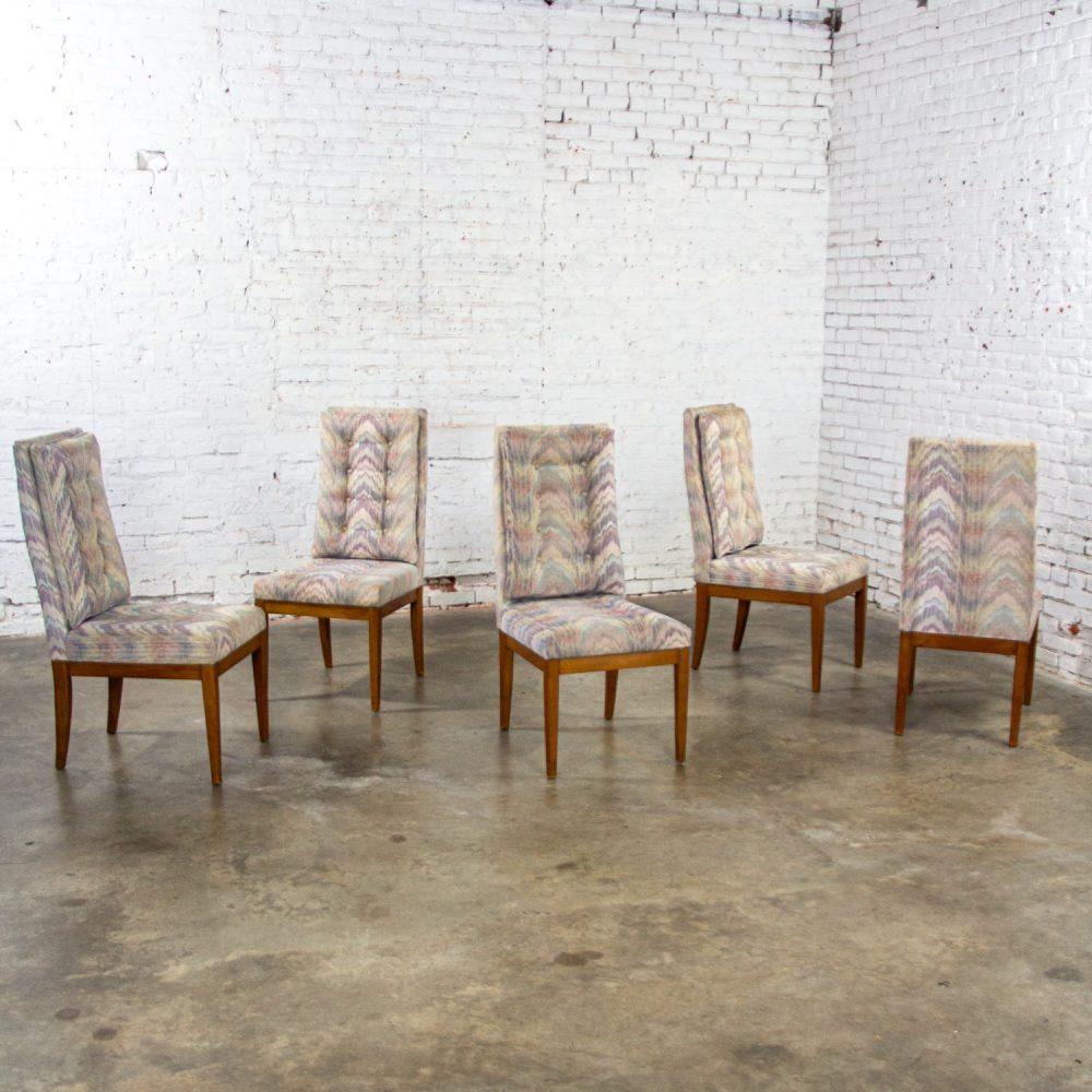 1970’s Modern Set of 5 Founders Furniture Patterns 23 Side or Dining Chairs w/Flame Stitch Fabric