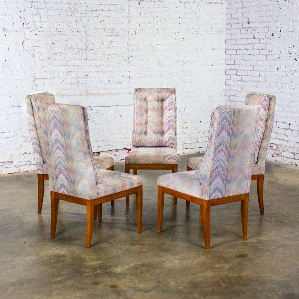 1970’s Modern Set of 5 Founders Furniture Patterns 23 Side or Dining Chairs w/Flame Stitch Fabric