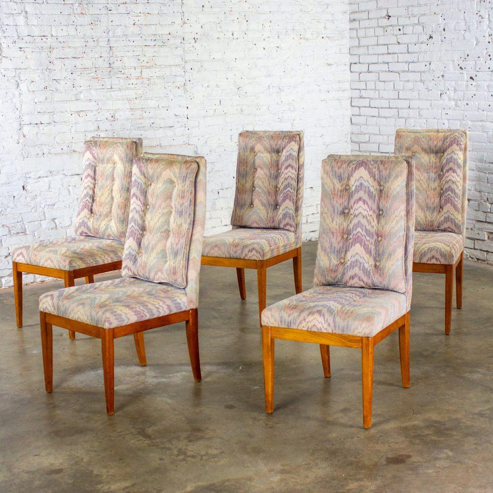 1970’s Modern Set of 5 Founders Furniture Patterns 23 Side or Dining Chairs w/Flame Stitch Fabric