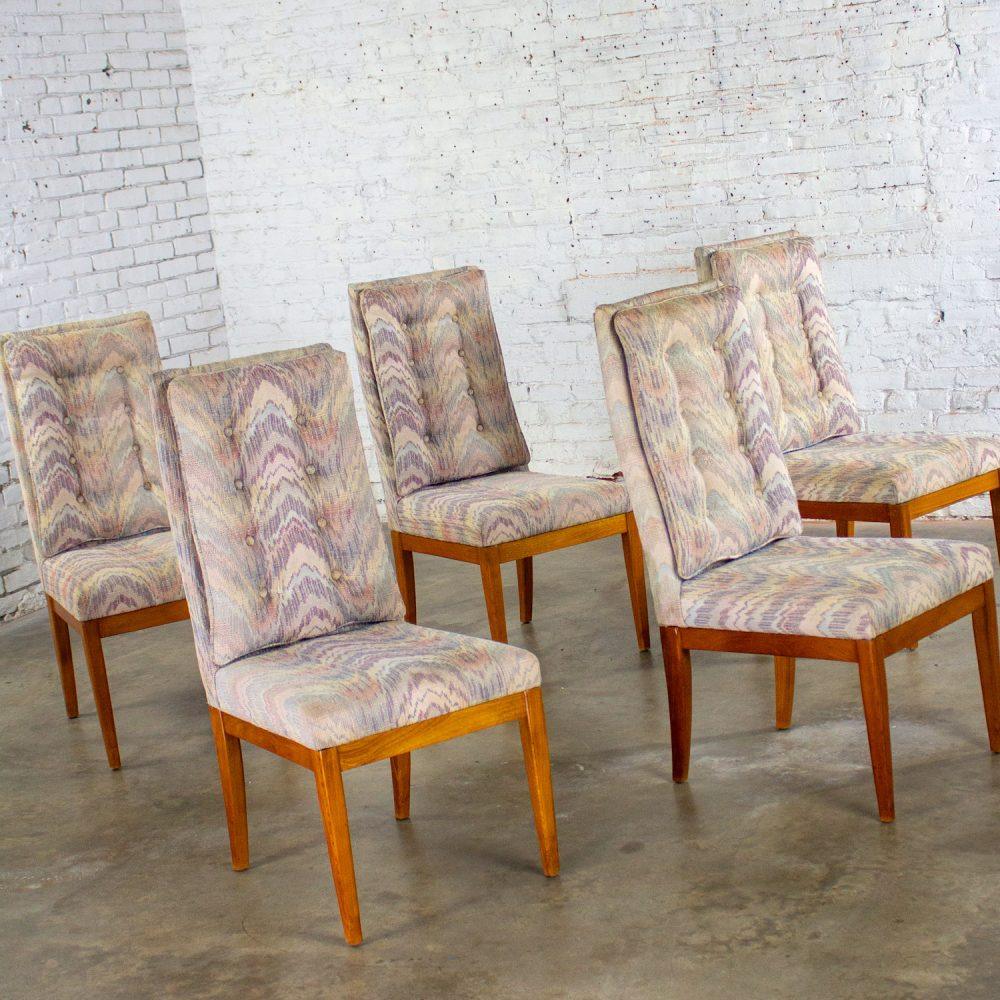 1970’s Modern Set of 5 Founders Furniture Patterns 23 Side or Dining Chairs w/Flame Stitch Fabric