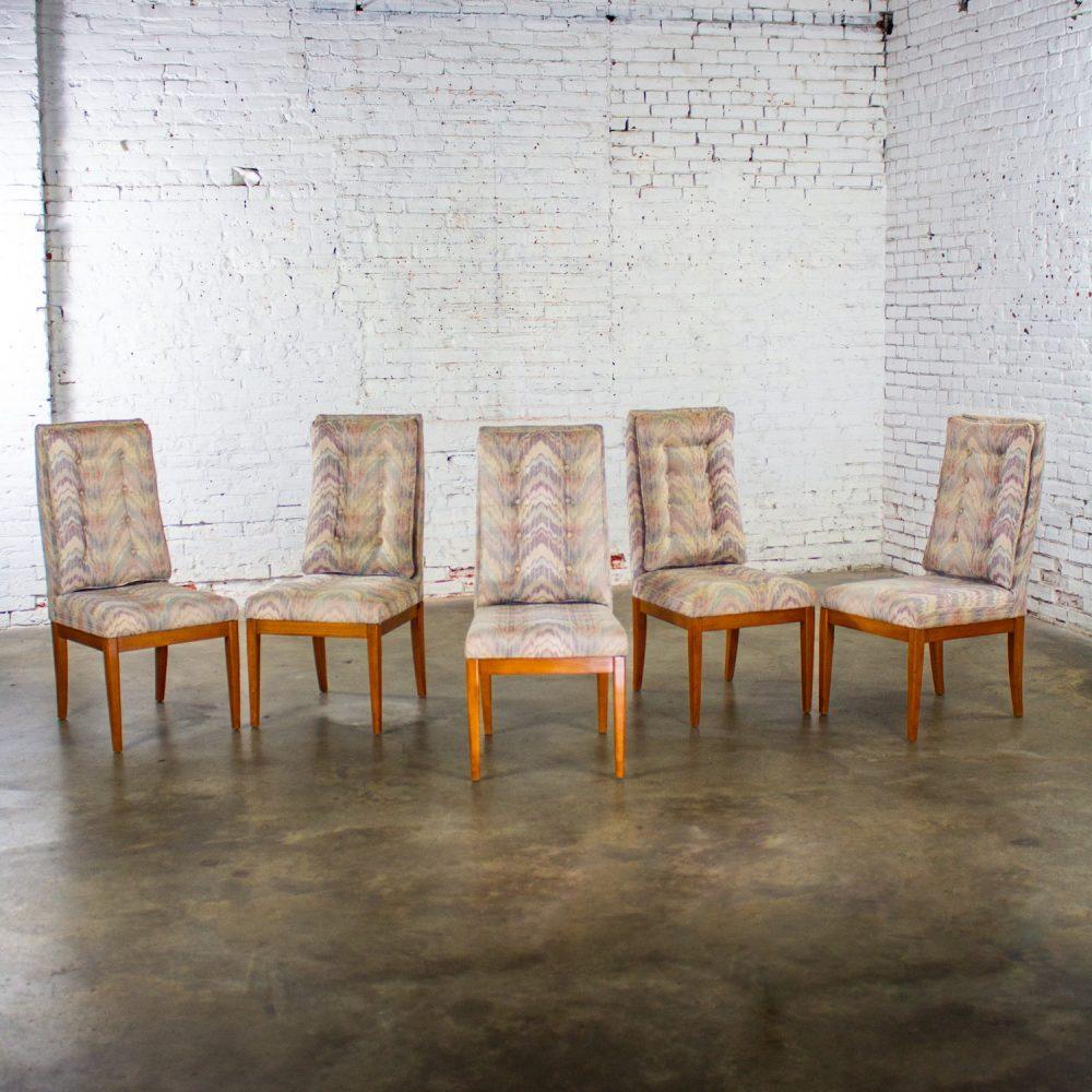 1970’s Modern Set of 5 Founders Furniture Patterns 23 Side or Dining Chairs w/Flame Stitch Fabric