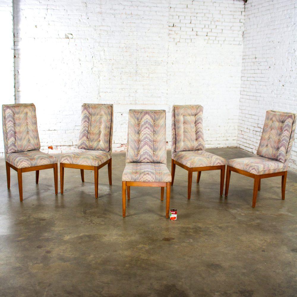 1970’s Modern Set of 5 Founders Furniture Patterns 23 Side or Dining Chairs w/Flame Stitch Fabric