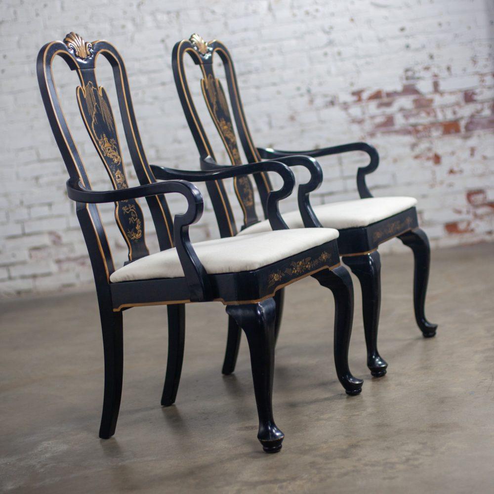 Mid-20th Century Chinoiserie & Georgian Style Pair of Host & Hostess Armchairs Black Lacquer Frames