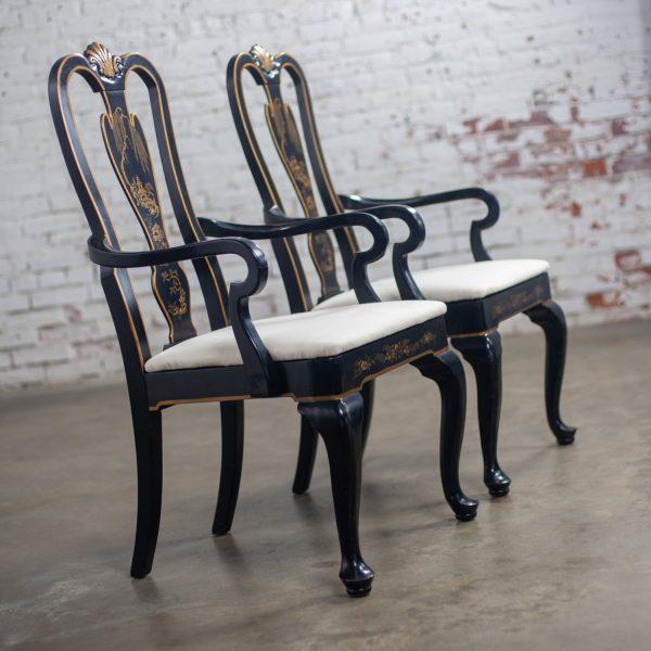 Mid-20th Century Chinoiserie & Georgian Style Pair of Host & Hostess Armchairs Black Lacquer Frames