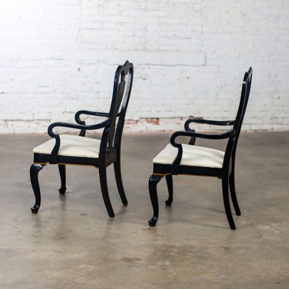Mid-20th Century Chinoiserie & Georgian Style Pair of Host & Hostess Armchairs Black Lacquer Frames