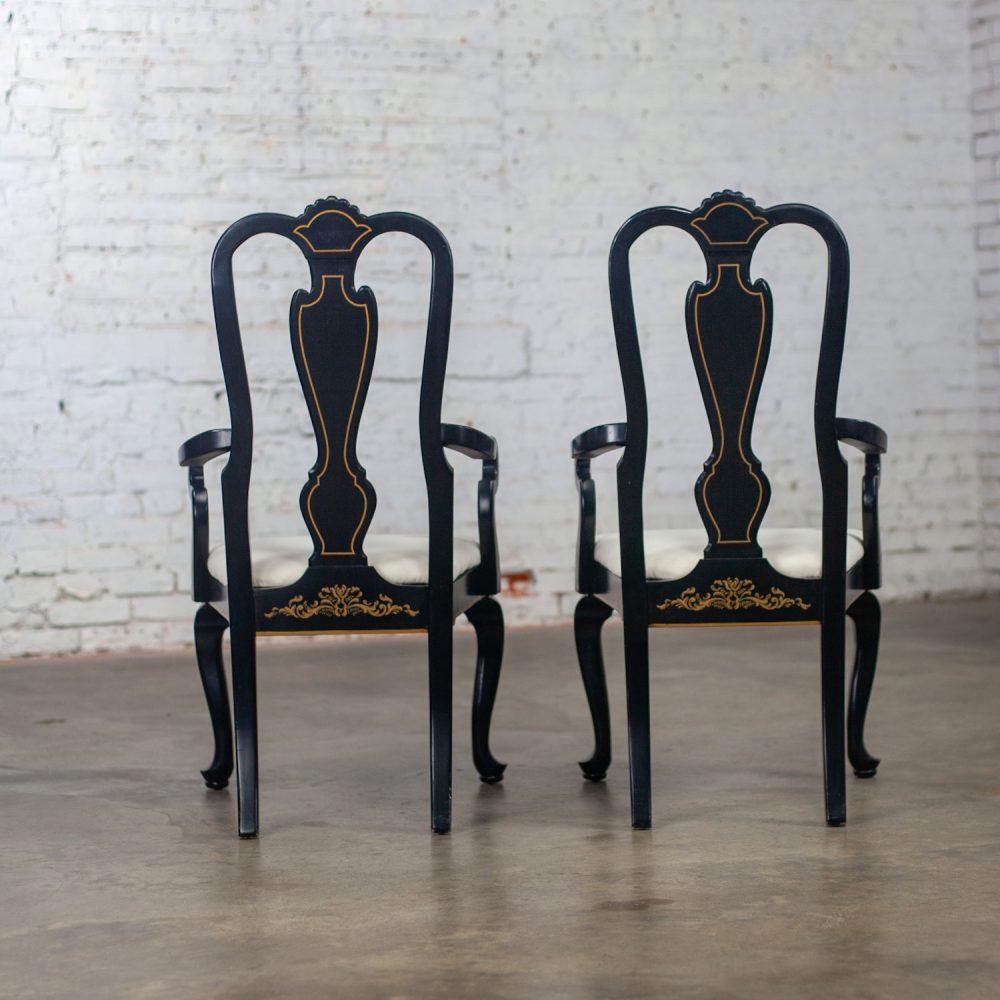 Mid-20th Century Chinoiserie & Georgian Style Pair of Host & Hostess Armchairs Black Lacquer Frames