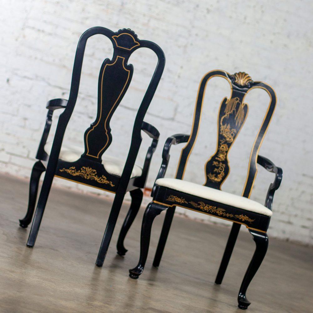 Mid-20th Century Chinoiserie & Georgian Style Pair of Host & Hostess Armchairs Black Lacquer Frames
