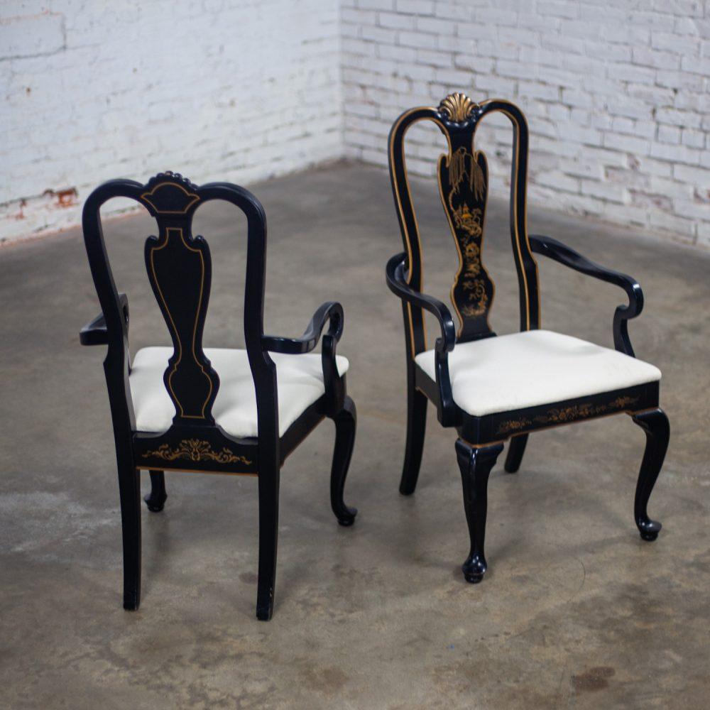 Mid-20th Century Chinoiserie & Georgian Style Pair of Host & Hostess Armchairs Black Lacquer Frames