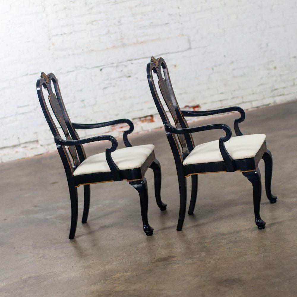 Mid-20th Century Chinoiserie & Georgian Style Pair of Host & Hostess Armchairs Black Lacquer Frames