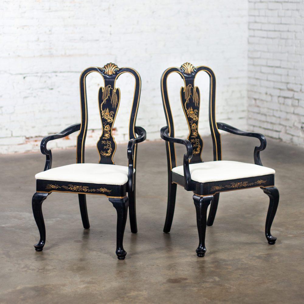 Mid-20th Century Chinoiserie & Georgian Style Pair of Host & Hostess Armchairs Black Lacquer Frames