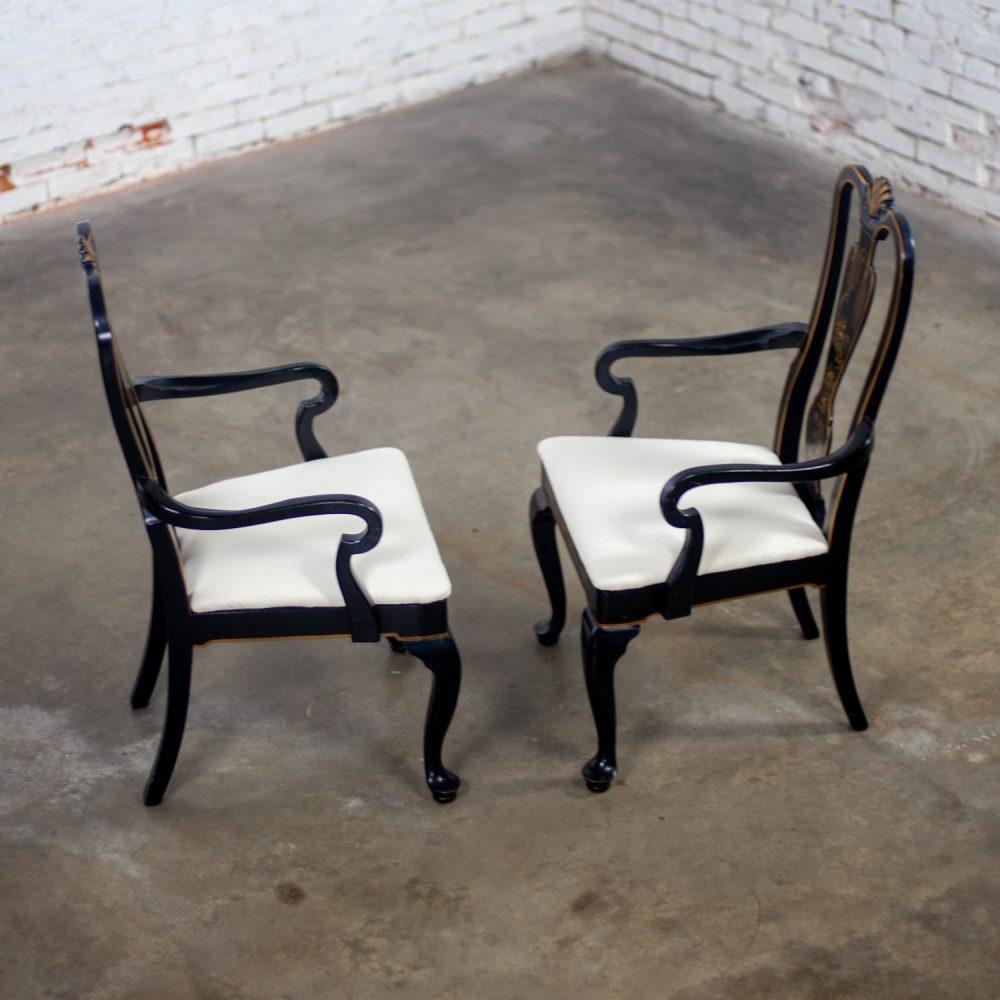 Mid-20th Century Chinoiserie & Georgian Style Pair of Host & Hostess Armchairs Black Lacquer Frames