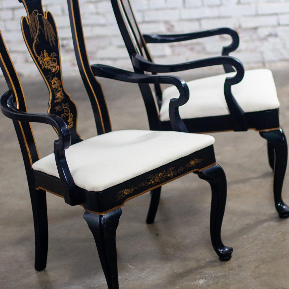 Mid-20th Century Chinoiserie & Georgian Style Pair of Host & Hostess Armchairs Black Lacquer Frames