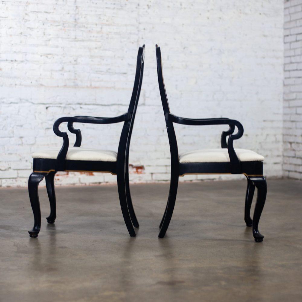 Mid-20th Century Chinoiserie & Georgian Style Pair of Host & Hostess Armchairs Black Lacquer Frames