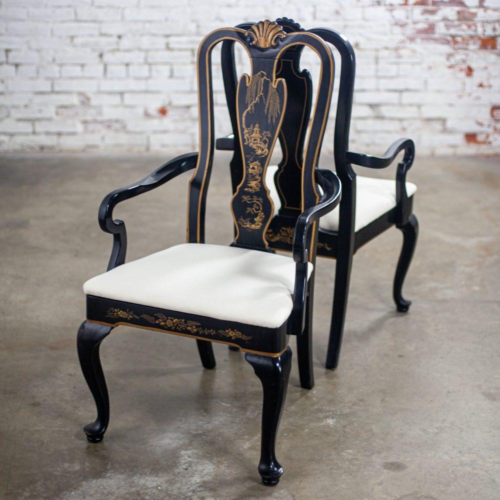 Mid-20th Century Chinoiserie & Georgian Style Pair of Host & Hostess Armchairs Black Lacquer Frames