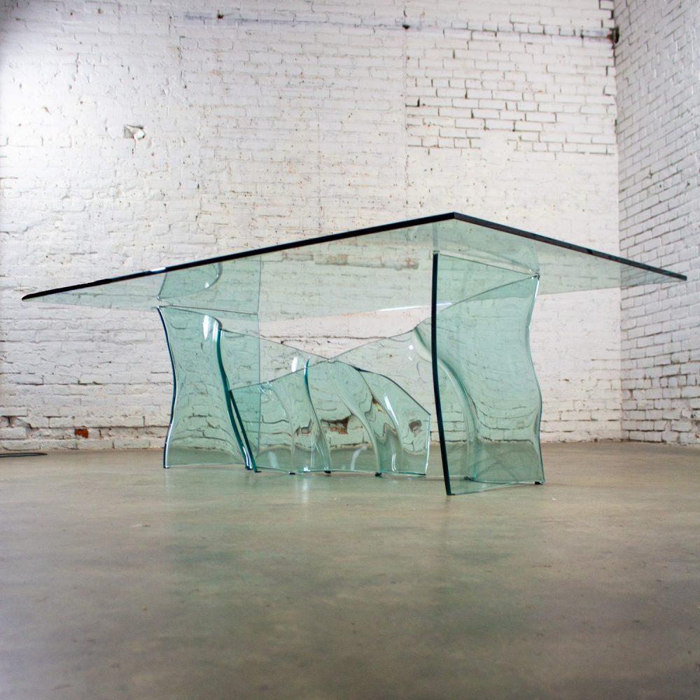 Late 20th Century Modern All Glass Sculptural Dining Table with Asymmetric Undulating Pedestal Base