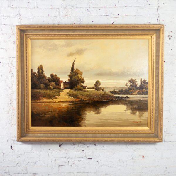 Monumental Oil Landscape Painting in Ornate Gilded Frame Signed by John K.