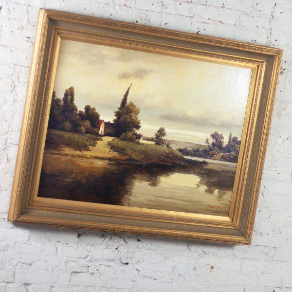 Monumental Oil Landscape Painting in Ornate Gilded Frame Signed by John K.