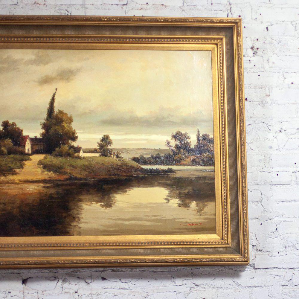 Monumental Oil Landscape Painting in Ornate Gilded Frame Signed by John K.