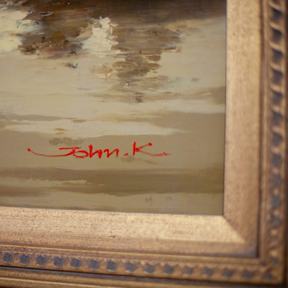Monumental Oil Landscape Painting in Ornate Gilded Frame Signed by John K.