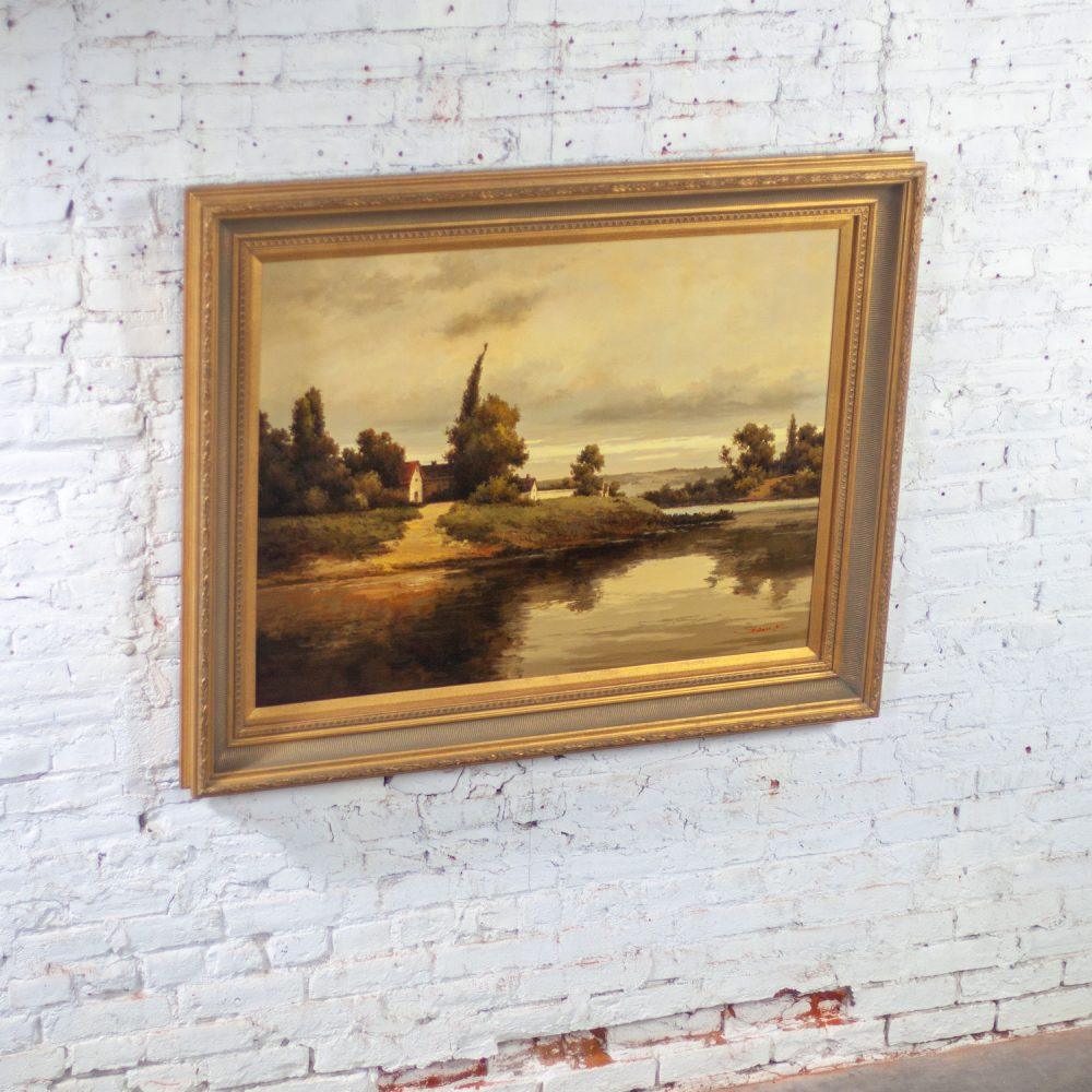 Monumental Oil Landscape Painting in Ornate Gilded Frame Signed by John K.