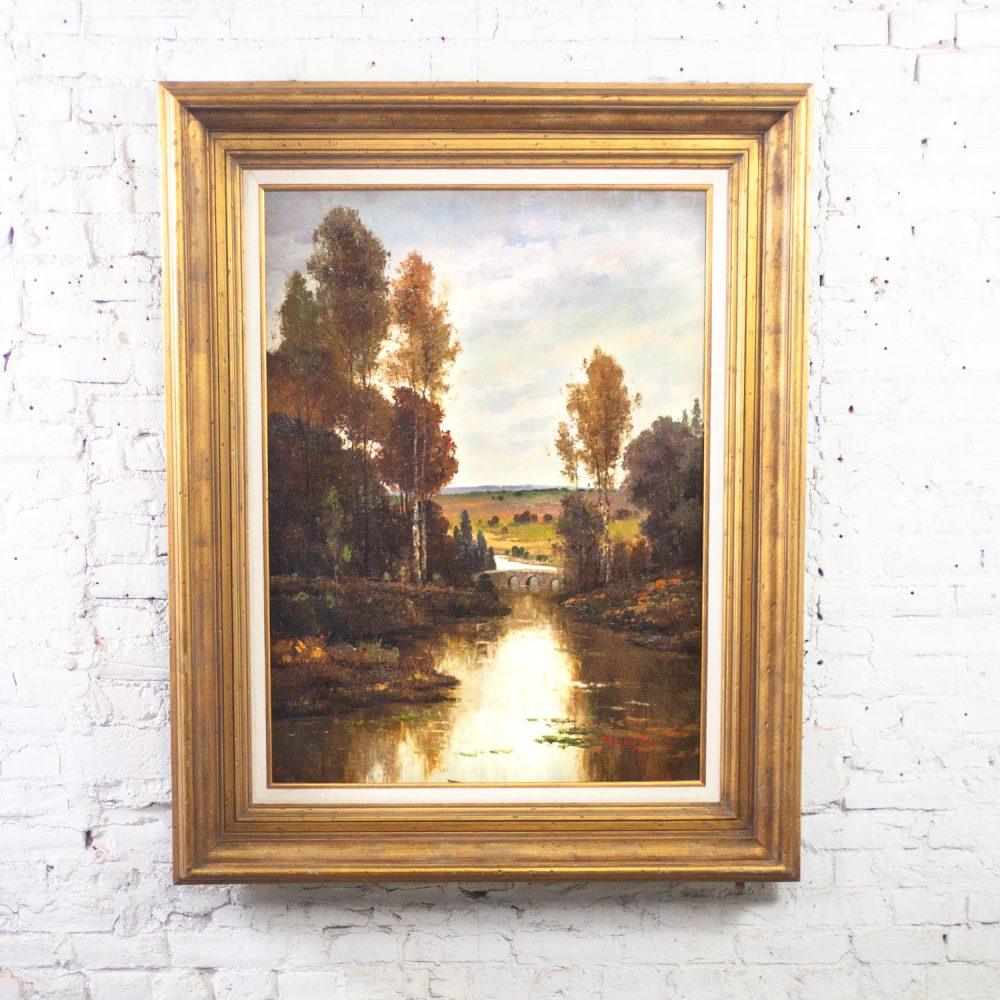 Late 20th Century Monumental Oil Landscape Painting in Ornate Gilded Frame Signed by Henry Kim