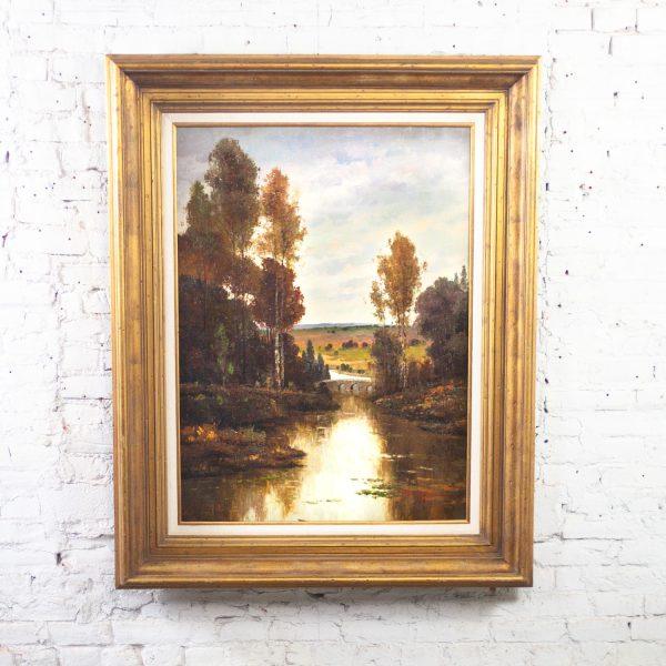Late 20th Century Monumental Oil Landscape Painting in Ornate Gilded Frame Signed by Henry Kim