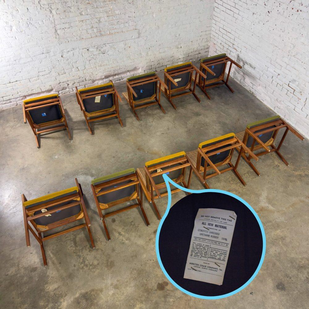 1960’s Mid-Century Modern Hibriten Set of 10 Walnut & Cane Dining Chairs 2 Armed & 8 Side Yellow & Green Fabric