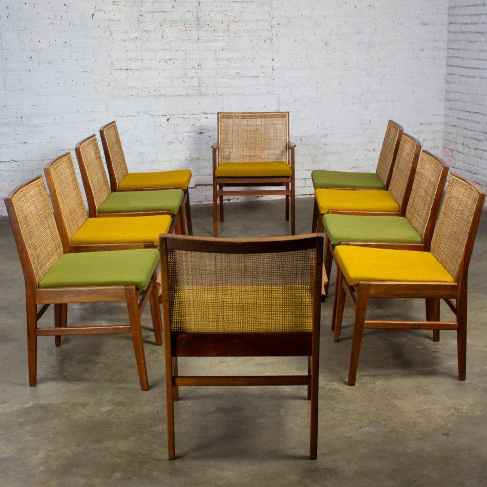 1960’s Mid-Century Modern Hibriten Set of 10 Walnut & Cane Dining Chairs 2 Armed & 8 Side Yellow & Green Fabric