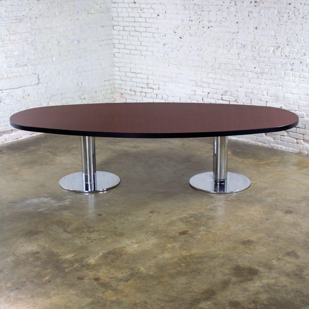 Late 20th Century Modern Monumental Oval Dining or Conference Table w/Chrome Cylindrical Double Pedestal Base