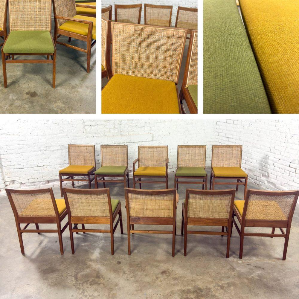1960’s Mid-Century Modern Hibriten Set of 10 Walnut & Cane Dining Chairs 2 Armed & 8 Side Yellow & Green Fabric