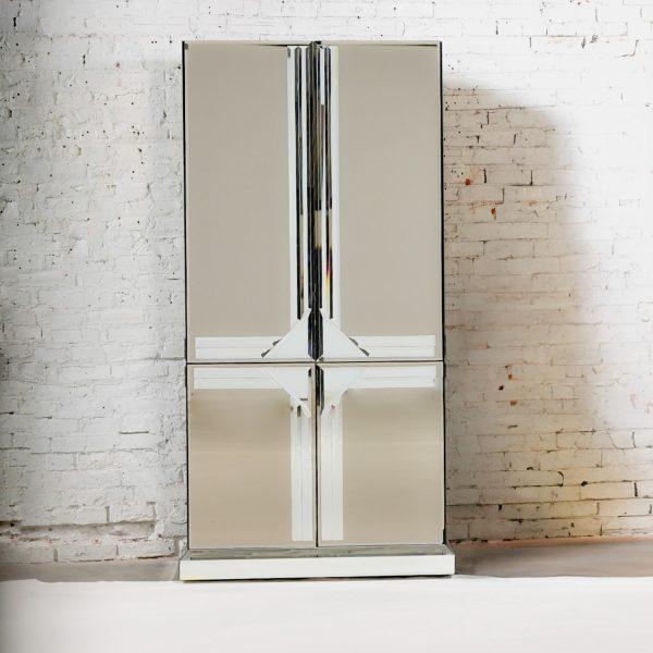 Late 20th Century Postmodern to Art Deco Revival Mirrored Entertainment Cabinet Style of Ello