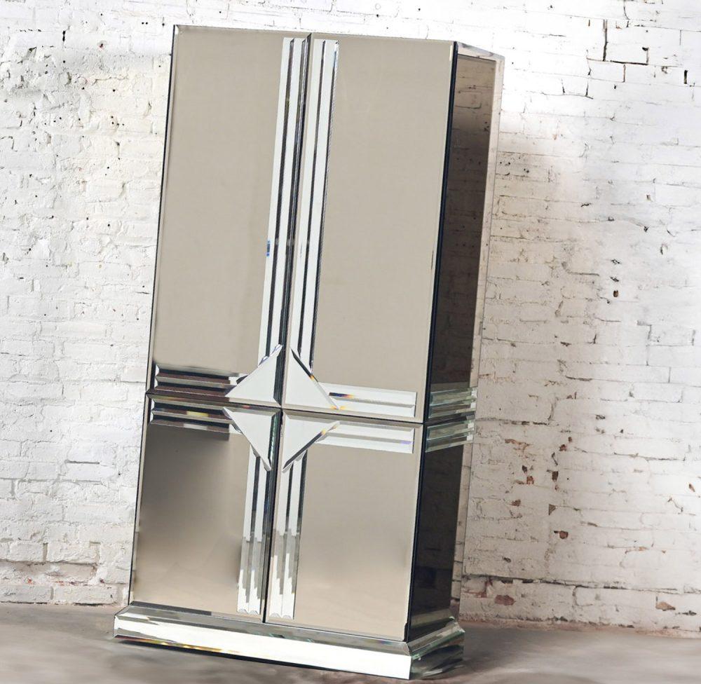 Late 20th Century Postmodern to Art Deco Revival Mirrored Entertainment Cabinet Style of Ello