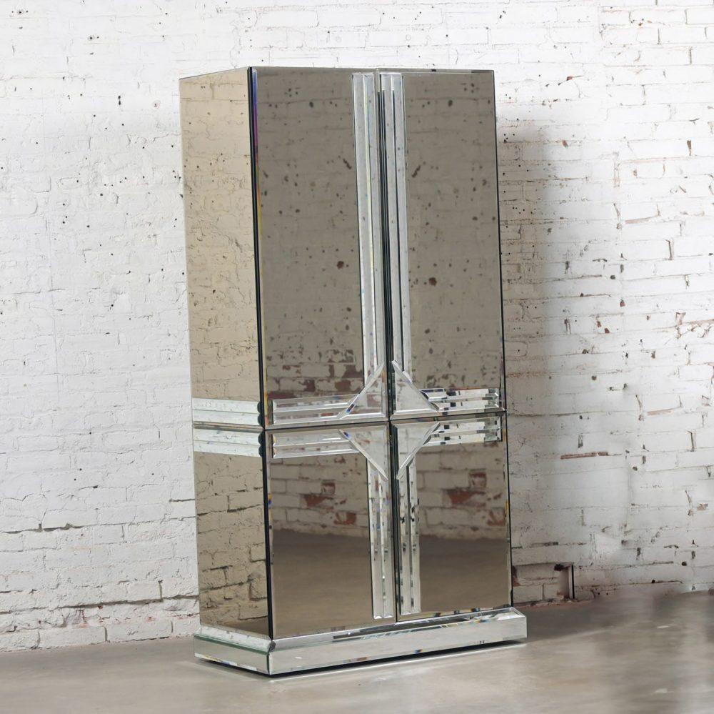 Late 20th Century Postmodern to Art Deco Revival Mirrored Entertainment Cabinet Style of Ello
