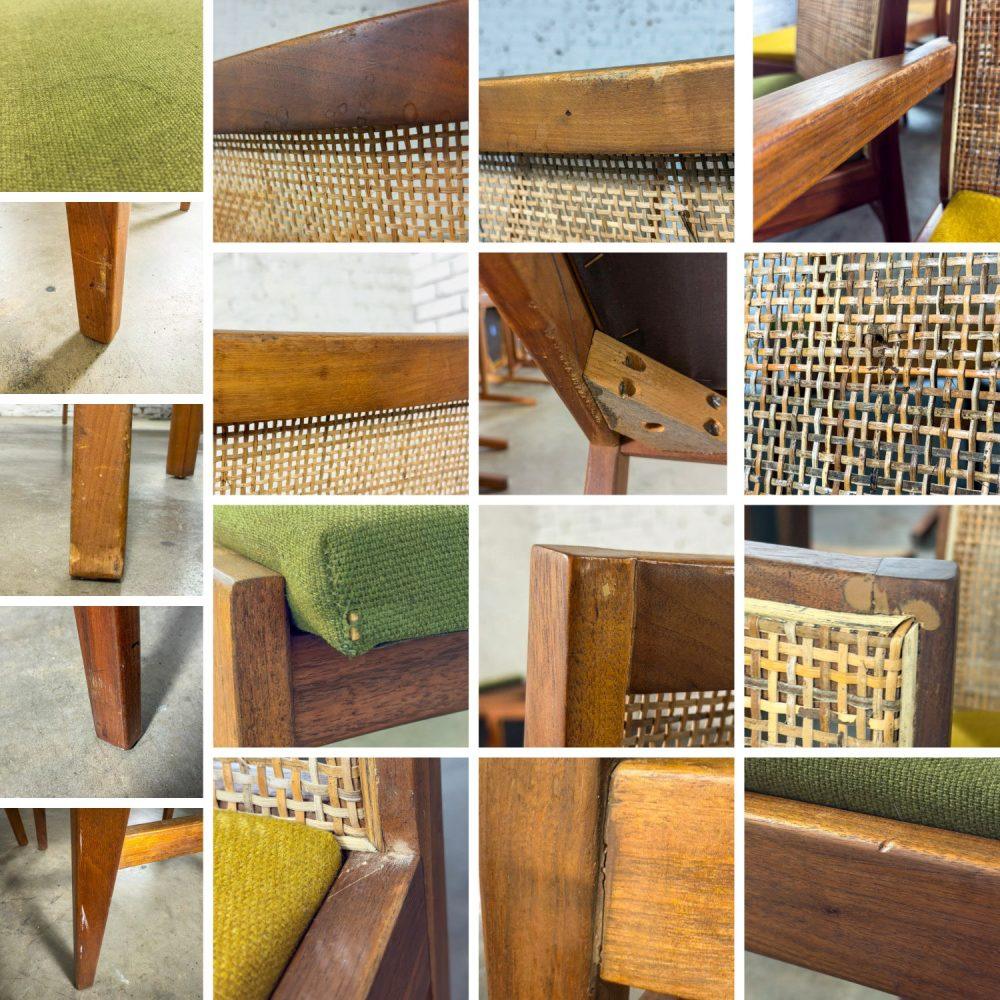 1960’s Mid-Century Modern Hibriten Set of 10 Walnut & Cane Dining Chairs 2 Armed & 8 Side Yellow & Green Fabric