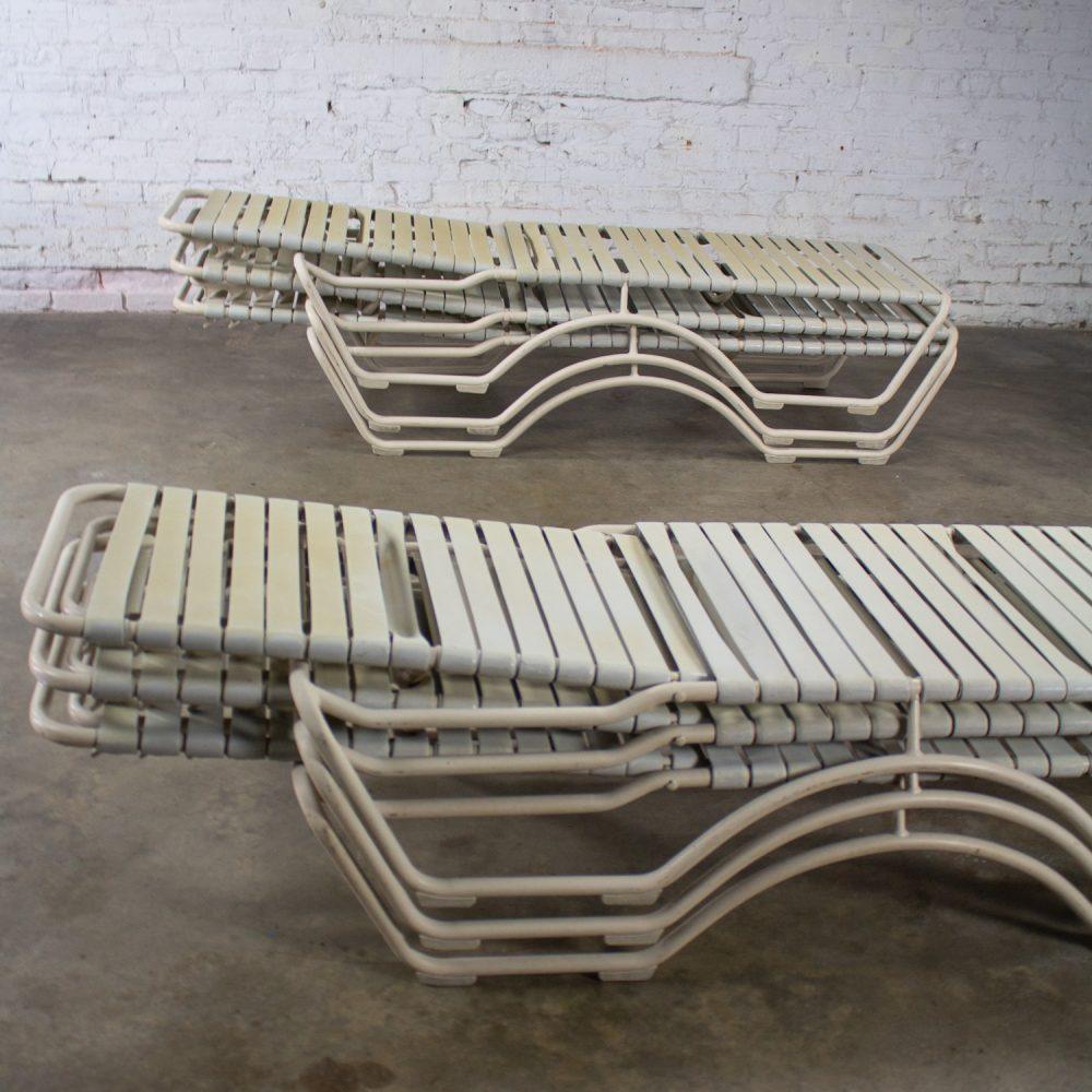 1950-1960’s Mid-Century Modern Set of 6 Tropitone Kahana Stackable Chaise Lounges w/Vinyl Straps & Aluminum Frame