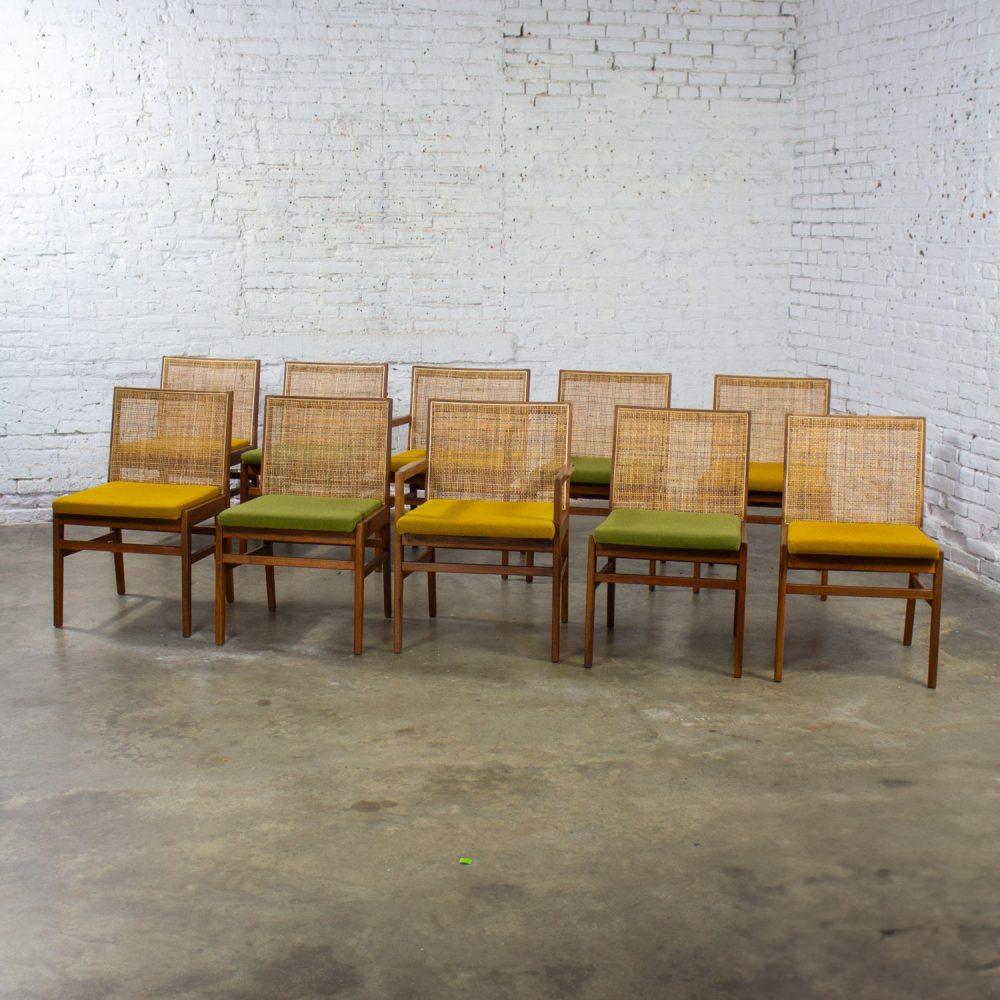 1960’s Mid-Century Modern Hibriten Set of 10 Walnut & Cane Dining Chairs 2 Armed & 8 Side Yellow & Green Fabric