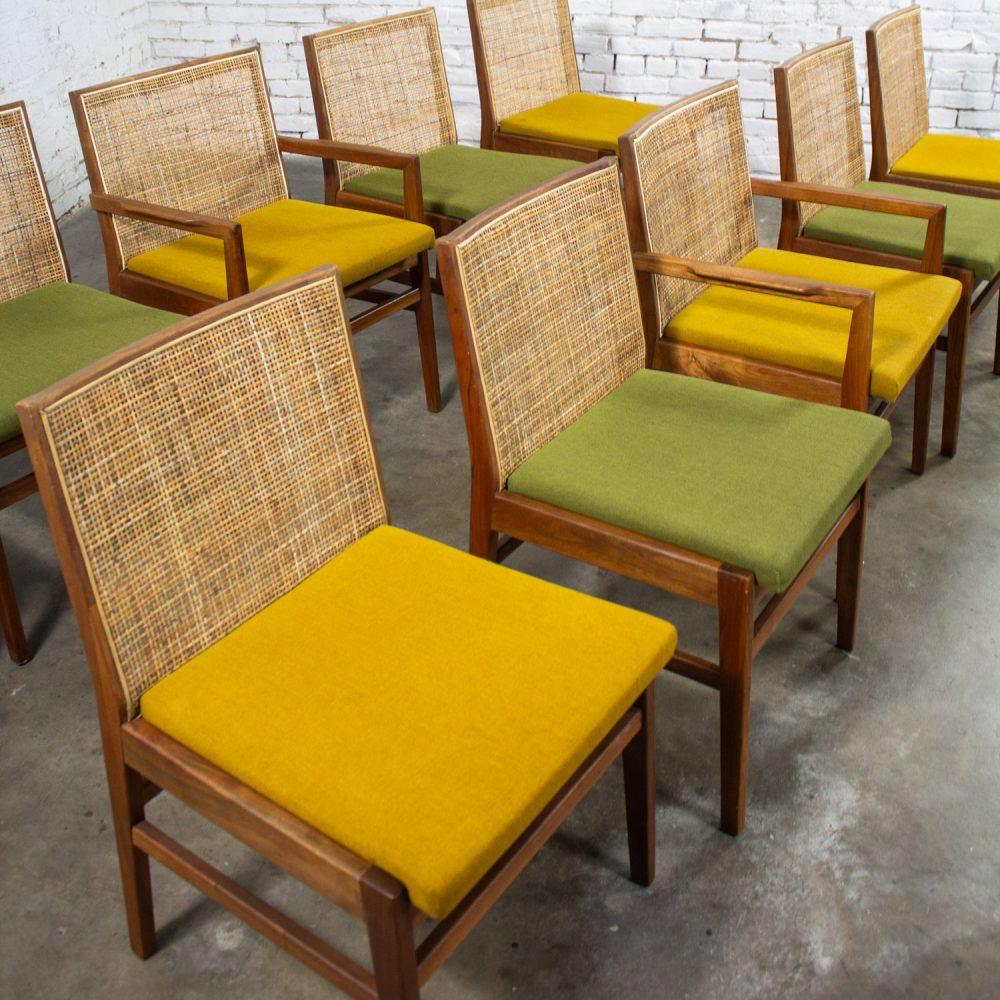 1960’s Mid-Century Modern Hibriten Set of 10 Walnut & Cane Dining Chairs 2 Armed & 8 Side Yellow & Green Fabric