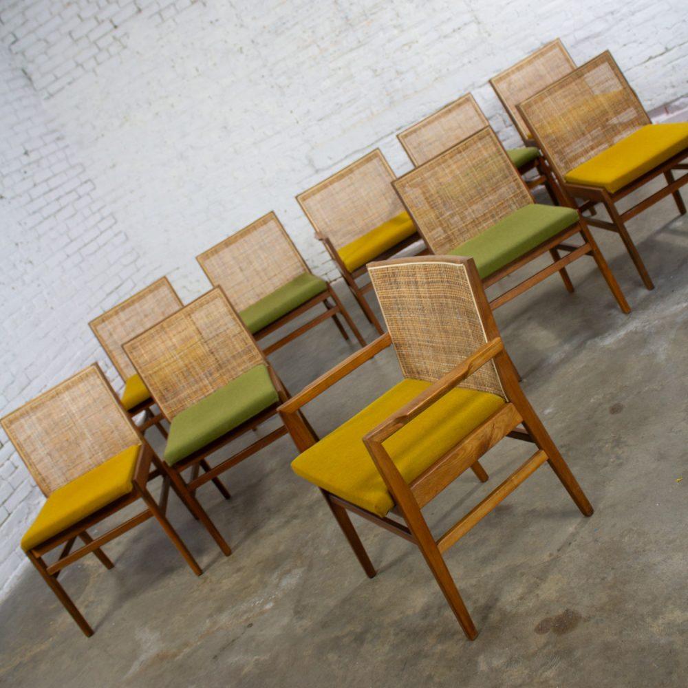 1960’s Mid-Century Modern Hibriten Set of 10 Walnut & Cane Dining Chairs 2 Armed & 8 Side Yellow & Green Fabric