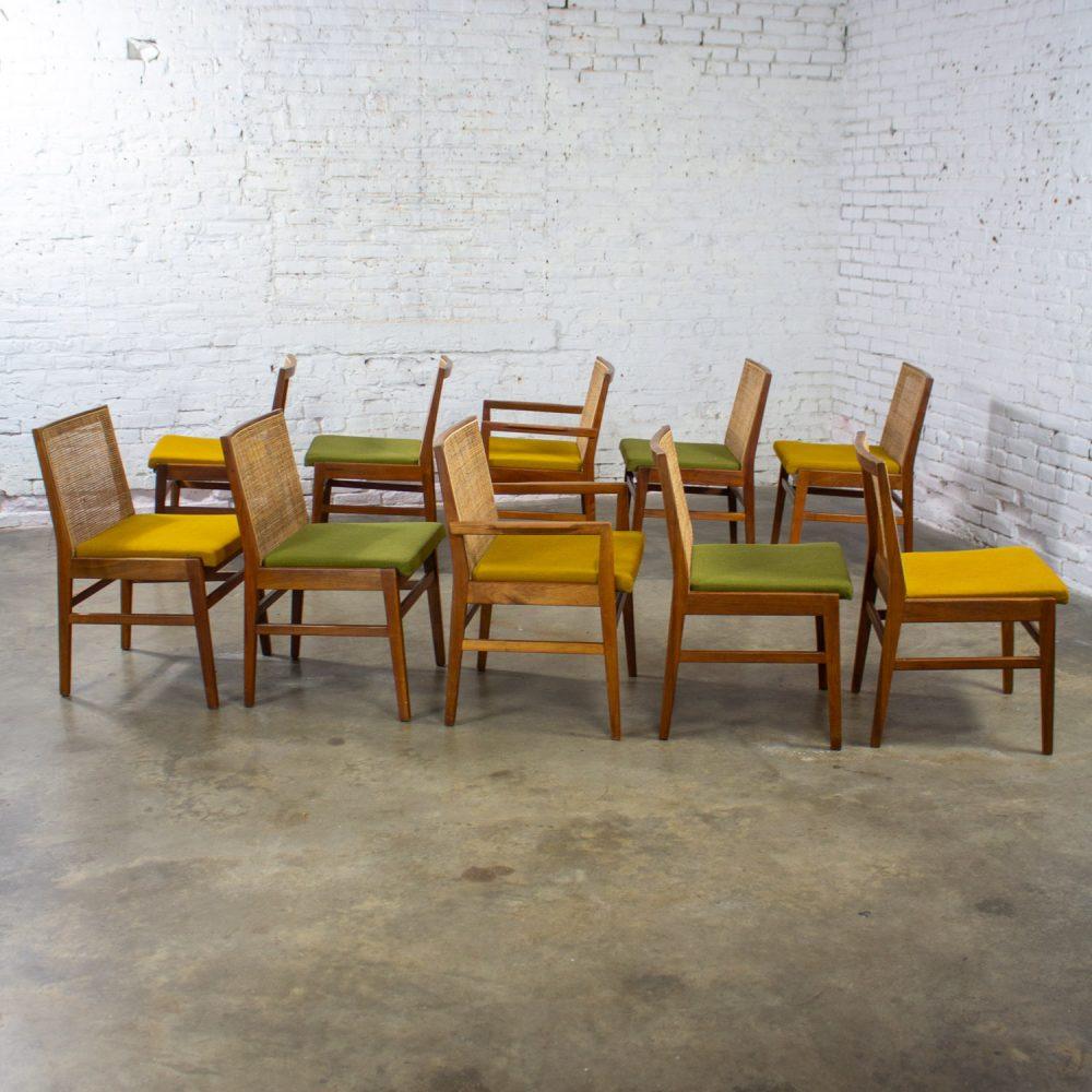 1960’s Mid-Century Modern Hibriten Set of 10 Walnut & Cane Dining Chairs 2 Armed & 8 Side Yellow & Green Fabric