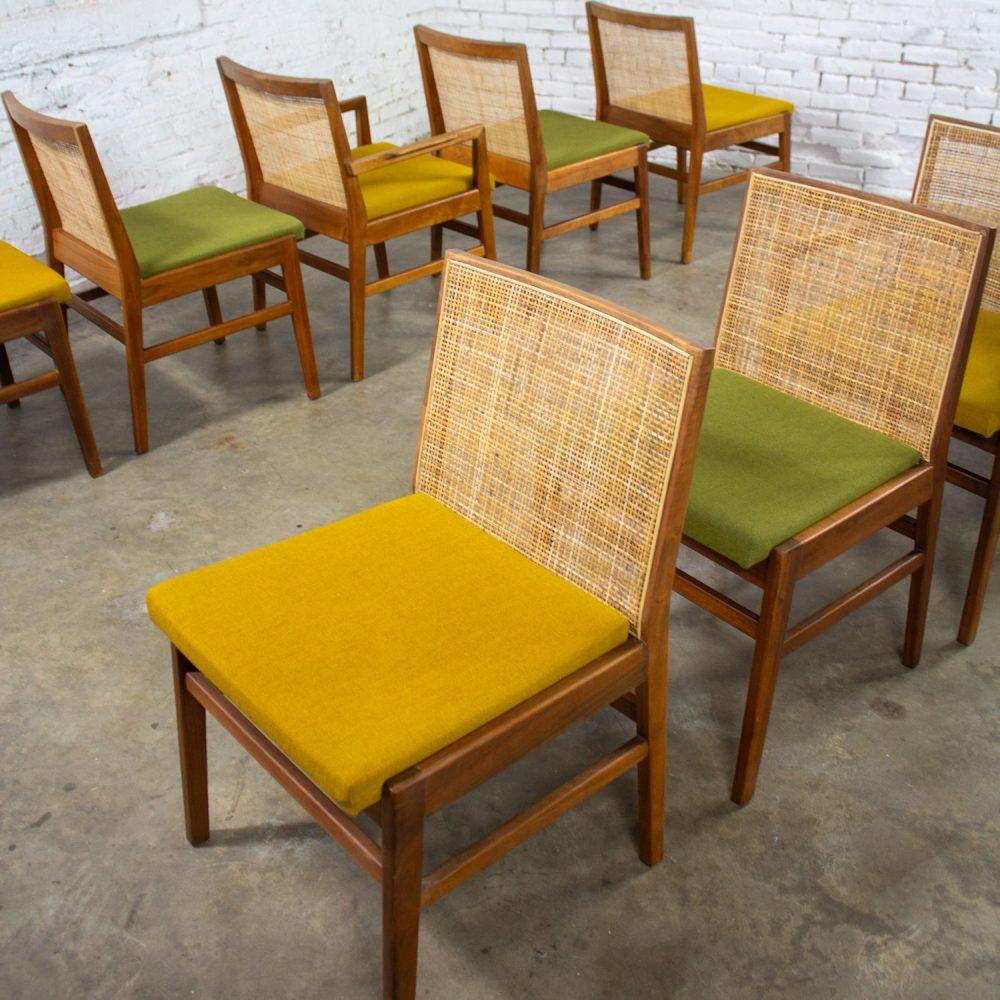 1960’s Mid-Century Modern Hibriten Set of 10 Walnut & Cane Dining Chairs 2 Armed & 8 Side Yellow & Green Fabric