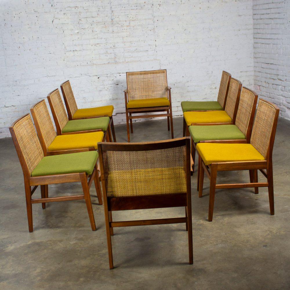 1960’s Mid-Century Modern Hibriten Set of 10 Walnut & Cane Dining Chairs 2 Armed & 8 Side Yellow & Green Fabric